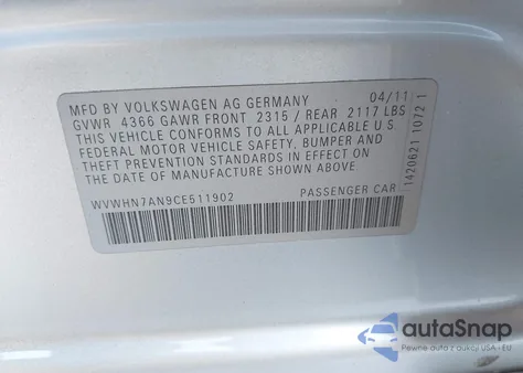 2012 Volkswagen Cc Lux z USA, uszkodzony, nr VIN WVWHN7AN9CE511902